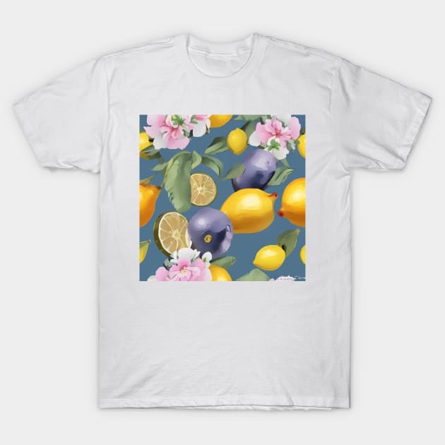 Fruits and flowers on grey T-Shirt by SophieClimaArt